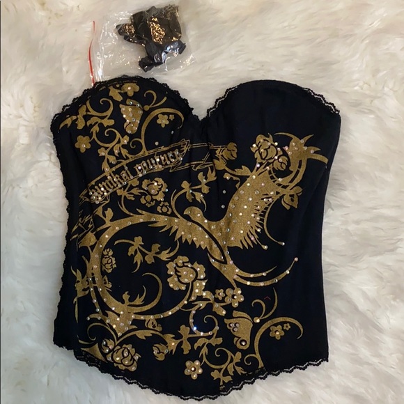 New! Gold Phoenix Print w/ Rhinestones Corset - Picture 2 of 4